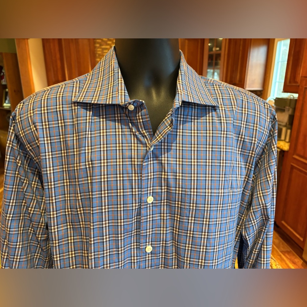 Peter Millar Men's button front performance shirt. Sharp Blue/Brown Plaid. large